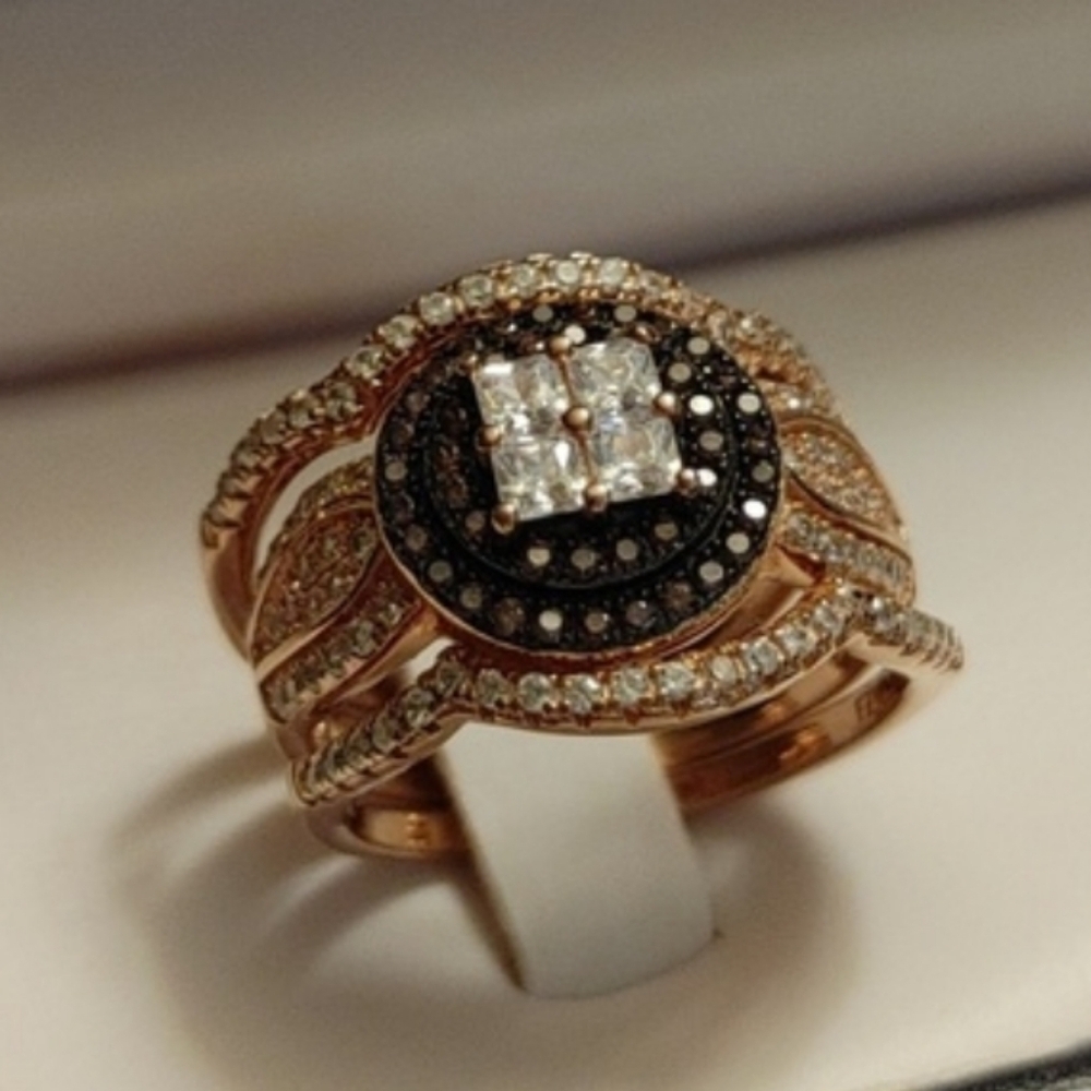 Rose Gold Plated Sterling Brown & Clear CZ 3 Piece Ring Set
